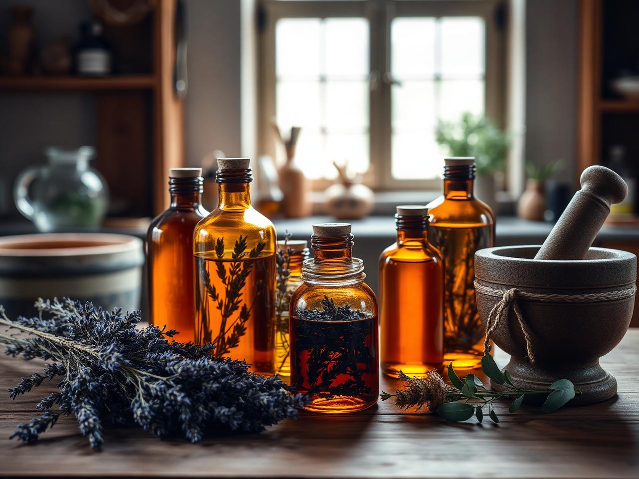 Frascos de boticario con aceites botánicos